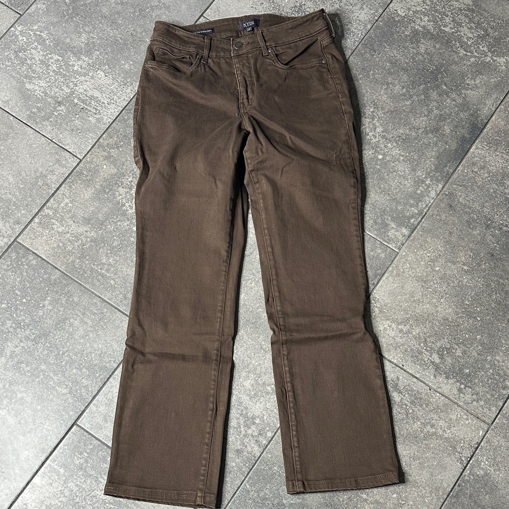 NYDJ Marilyn Straight Leg Pants Size 6 Brown Stretch Lift Tuck